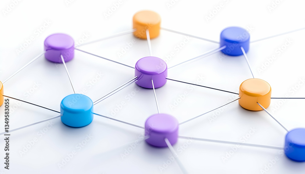 Poster colorful interconnected nodes forming a network on white background