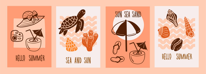 Hand-drawn doodle postcard collage with beach and ocean silhouette themes, featuring turtle, shells, umbrella, and tropical drink, ideal for summer decor, travel designs, and marine themes