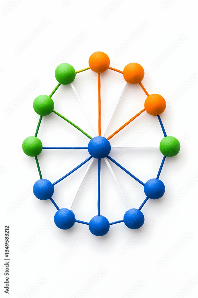 Aufkleber colorful spheres connected in a circular network pattern on white background