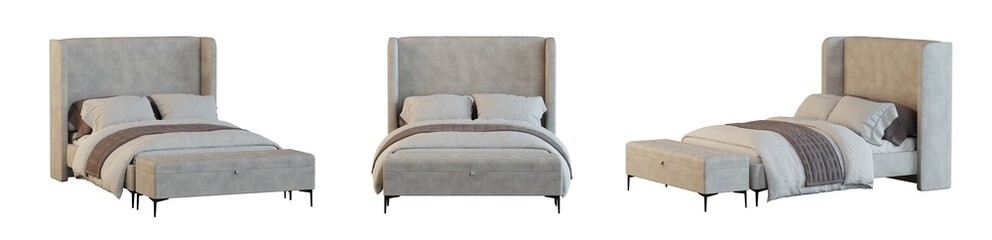 Bed set isolated on transparent background. 3D render.