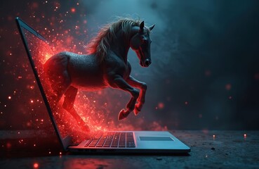 Dramatic photo of Trojan horse emerging from laptop screen. Symbolizes cyber crime, viruses, threats in tech world. Data security, data protection, online safety concept.