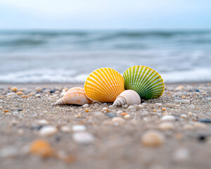 Obraz premium Colorful seashells on sandy beach near ocean waves