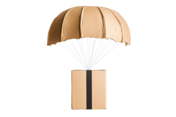 Cardboard box with parachute, delivery concept, isolated, cut out transparent