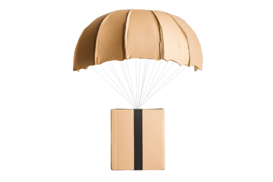Cardboard box with parachute, delivery concept, isolated, cut out transparent - Powered by Adobe
