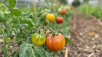 Colorful tomatoes growing in a garden