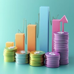 Financial Growth and Investment Success Visualized with Colorful Bar Graph and Stacked Coins