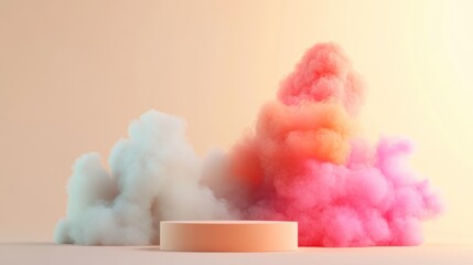 Abstract pastel podium with colorful smoke clouds