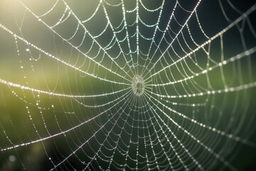 Naklejka premium Close-up of a delicately woven spider web adorned with droplets of dew in a natural setting, conveying tranquility