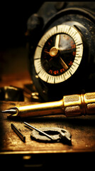 Fototapeta premium Vintage tools and gauge on workbench, close-up, dark background; ideal for industrial or mechanical projects