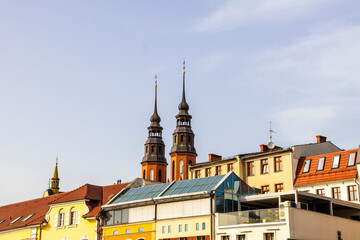 Fototapeta premium Cathedral by Townhouses in Opole Venice, Opole, Poland