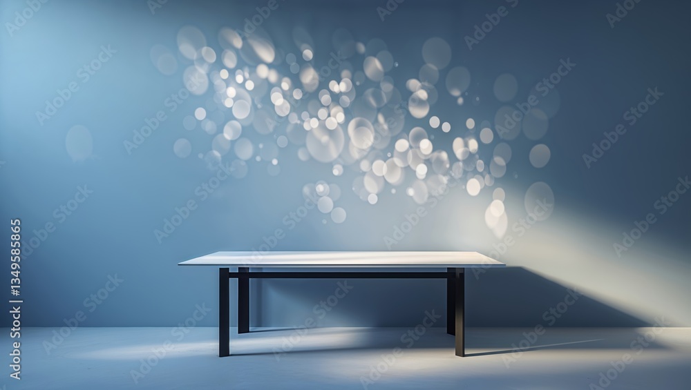 Poster table with bright reflections and soft bokeh effect on blue wall creates a calming atmosphere in a m