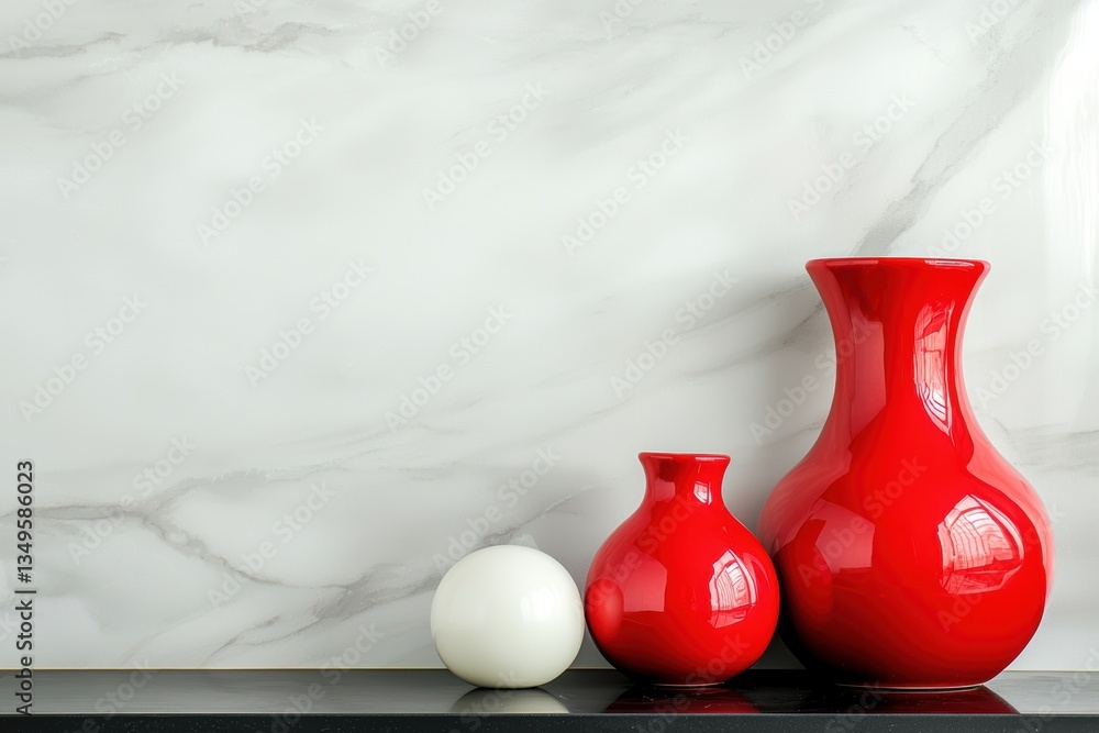 Poster a minimalist display featuring three vases: two red and one white, against a smooth marble backgroun