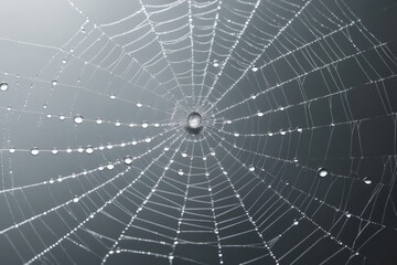Obraz premium Close-up of a spider web adorned with morning dew droplets against a soft grey background, showcasing delicate symmetry and intricate patterns