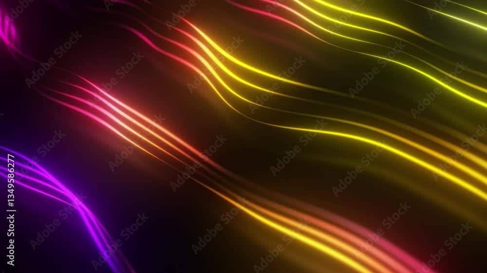 Poster vibrant neon lines flow diagonally, creating a dynamic abstract loop. colorful light trails move smo