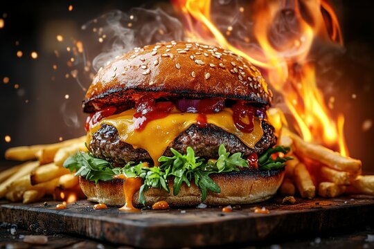 A mouthwatering photograph of an oversized, juicy burger with cheese oozing out and fries on the side, surrounded by flames from under it.