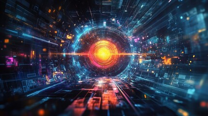 Futuristic Digital Tunnel of Vibrant Lights and Circuits