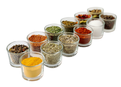 A Culinary Palette: An array of glass containers meticulously arranged, showcasing a colorful assortment of aromatic spices and herbs. Perfect for culinary enthusiasts, cooking blogs.