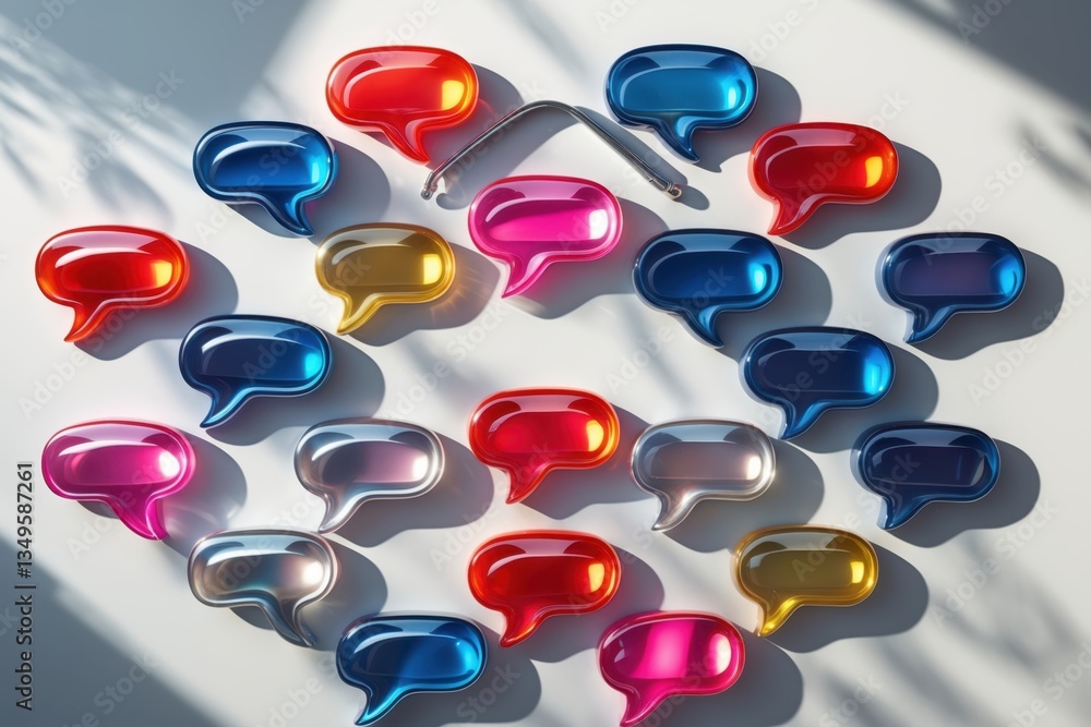 Poster colorful speech bubble shapes scattered on a surface with light and shadow play, creating a vibrant 