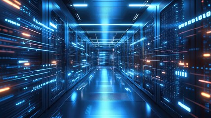 A futuristic data center with glowing blue and orange lights, symbolizing advanced computing. Ideal for AI, cybersecurity, cloud technology, and digital networks
