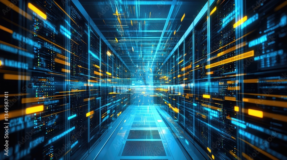 Poster a futuristic data center with glowing blue and yellow lights, representing digital connectivity. ide
