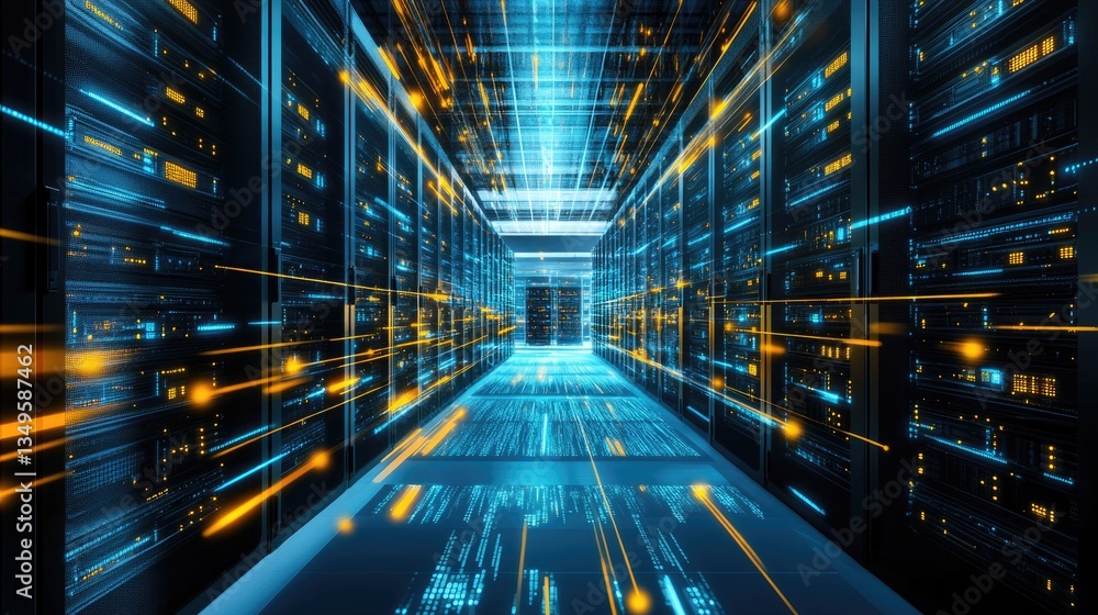 Aufkleber A futuristic data center corridor with blue and yellow digital lights, symbolizing high-speed data flow. Ideal for AI, cloud computing, and cybersecurity concepts