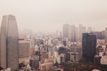 Hazy aerial view of Tokyo’s skyline with skyscrapers fading into the mist while a warm film-inspired tone adds a nostalgic and minimalistic atmosphere to the urban scene