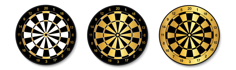 Gold dartboard vector icon set. Golden dart board for pub darts game. Target symbol