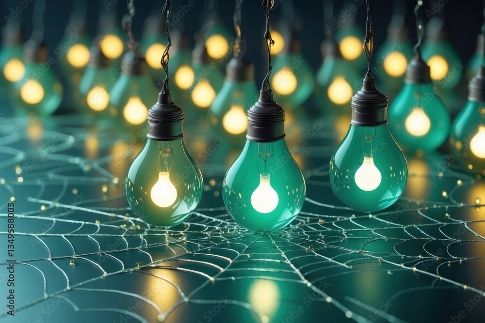 Poster illuminated teal light bulbs hang above a web pattern, creating a serene atmosphere with enchanting 