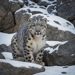 Fototapeta premium A snow leopard camouflaged in a wintery rock formation, its spotted fur blending seamlessly.