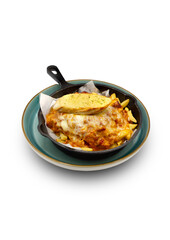 Baked dish with fries and cheese with a side of bread
