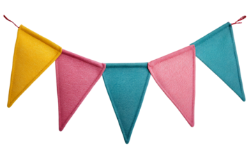 Colorful triangular bunting banner, party decoration, yellow, pink, blue, cut out transparent
