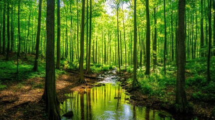 Obraz premium Sunlit creek flows through lush green forest; tranquil nature scene, ideal for eco-tourism brochures