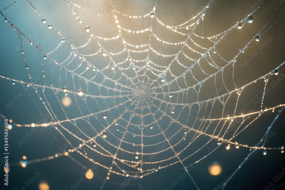 Poster intricate spider web adorned with sparkling water droplets against a soft blurred background, creati