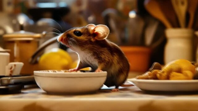 A small brown mouse stands in front of a bowl of food. Smooth repeating motion for background video animation.