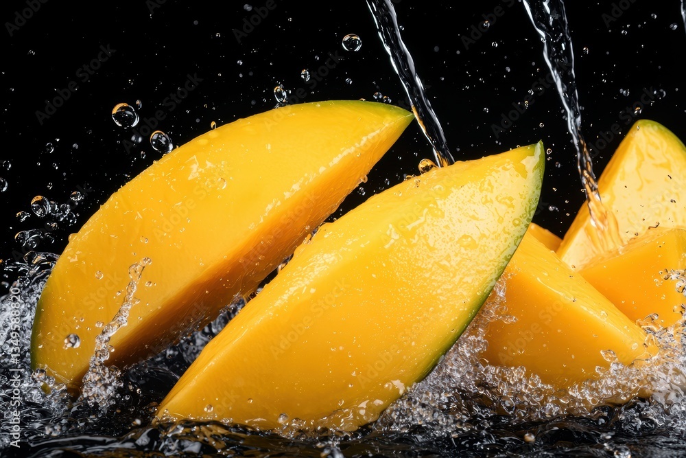 Poster fresh mango slices splashing in water, showcasing vibrant yellow color and dynamic movement against 