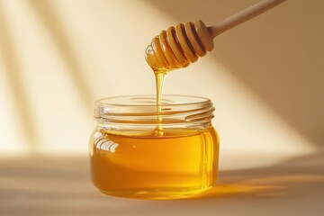 Golden Honey Dripping From A Wooden Dipper Into A Jar