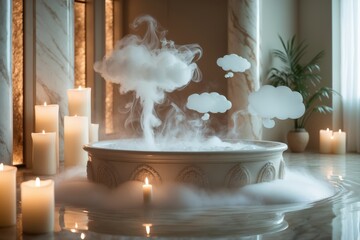 Luxurious spa setting featuring a marble bathtub surrounded by glowing candles and steam, evoking relaxation and tranquility