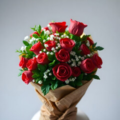 Elegant Red Rose Bouquet with Green Foliage and Baby&rsquo;s Breath Fresh Red Roses Wrapped in Brown Paper with Soft Natural Light Romantic Bouquet of Red Roses and Baby&rsquo;s Breath in Elegant Wrap