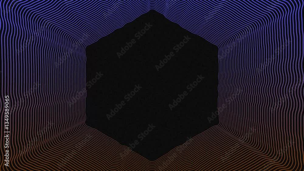 Poster abstract hexagonal portal with wavy blue and orange gradient lines animation