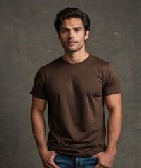 Portrait of a Young Man in Brown T Shirt Against Gray Background