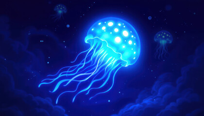 Naklejka premium Luminous Jellyfish in a Deep Blue Ocean: A Digital Painting