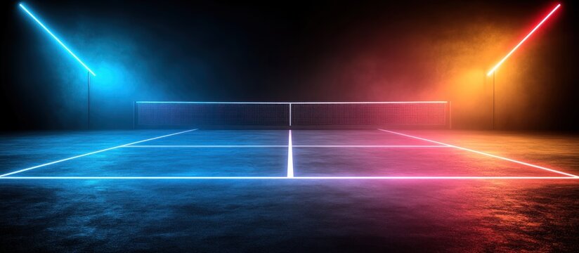 An empty tennis court lit with neon lights in the dark