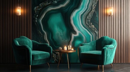 Luxurious interior room design with armchairs and artistic green wall