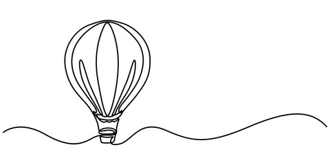 Hot air balloons flying in sky sign. Continuous one line drawing, Continuous Line Drawing of Hot Air Balloon Icon. Hand Drawn Symbol Vector Illustration, Travel flying on aerostat in sky logo divider.