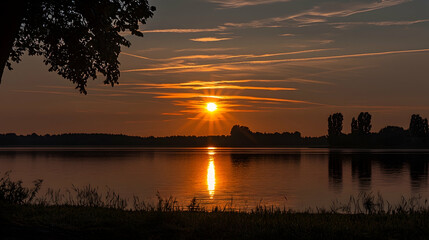 Serene sunrise over calm lake, silhouetted trees, peaceful morning landscape. Ideal for travel, nature, or relaxation themes