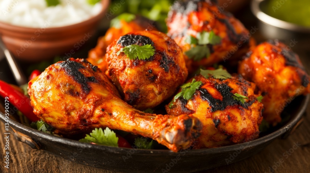Poster A close-up of tandoori chicken marinated in vibrant spices, presented on a rustic plate, with hints of red chili and coriander adding a pop of color.