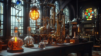 Steampunk Laboratory with Brass Machinery and Glowing Concoction