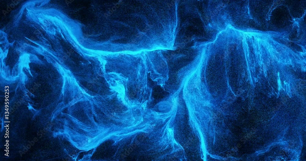 Poster blue particle flow: dynamic abstract loop with swirling, glowing particles. fluid motion creates an 