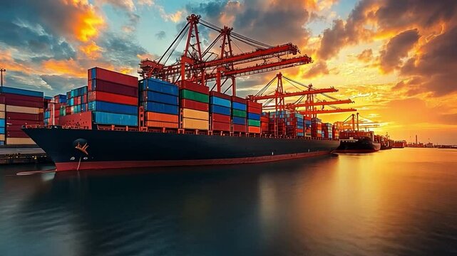 Global Trade Sunset: A vibrant cargo ship loaded with colorful containers sits docked in a busy port, bathed in the warm glow of a breathtaking sunset, symbolizing international trade and logistics.