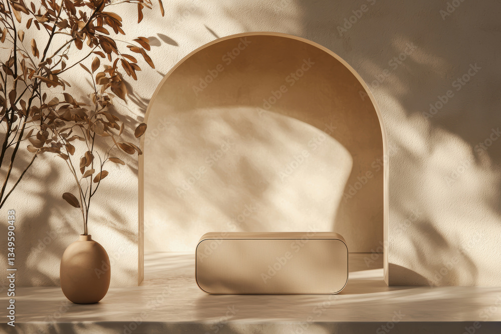 Poster a minimalist interior scene featuring a smooth, rectangular object on a neutral surface, with soft s